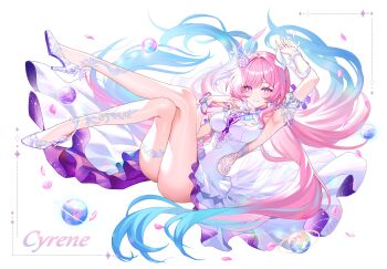 1girl absurdres arm_up armpits character_name closed_mouth crossed_legs cyrene_(honkai:_star_rail) cyrene_(ripples_of_past_reverie)_(honkai:_star_rail) dress floating_hair flower full_body hair_flower hair_ornament high_heels highres honkai:_star_rail honkai_(series) lalazyt long_hair looking_at_viewer pink_hair shoes simple_background smile thighs very_long_hair white_background white_dress