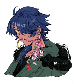 1boy arisugawa_dice bad_id bad_twitter_id blue_hair charm_(object) closed_mouth commentary_request cropped_torso dice earrings green_jacket hair_ornament hair_over_one_eye heart hello_kitty hello_kitty_(character) highres hood hood_down hypnosis_mic inactive_account jacket jewelry kinuc long_hair looking_at_viewer male_focus red_eyes sanrio simple_background solo upper_body upturned_eyes white_background