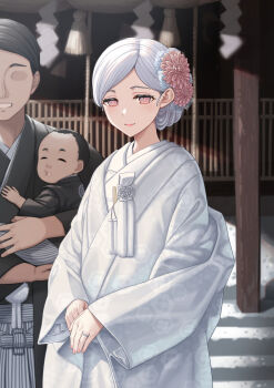 1girl 2boys architecture black_hair black_kimono bride carrying carrying_person child_carry closed_mouth commentary_request east_asian_architecture family father_and_son flower grey_hair groom hair_flower hair_ornament hair_up hetero highres husband_and_wife japanese_clothes jewelry kimono kusunoki_miyako_(temakizushi) mother_and_son multiple_boys no_eyes original own_hands_together pink_eyes ring shide shiromuku short_hair shrine temakizushi_(temakizushisand) uchikake wedding wedding_ring white_kimono wide_sleeves