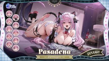 1girl animal_ears arched_back artist_request azur_lane bell bikini black_bikini black_mask black_nails black_shoes bottle breast_rest breasts cat_ears cat_tail commentary controller cup english_commentary english_text eyepatch fishnet_thighhighs fishnets frilled_bikini frills game_console game_controller hair_intakes hair_ornament hairclip hand_up highres indoors jingle_bell lamp large_breasts long_hair looking_at_viewer lying maid_headdress multicolored_hair multiple_expressions nail_polish official_alternate_costume official_art open_mouth pasadena_(azur_lane) pasadena_(surprising_game)_(azur_lane) pink_eyes pink_hair second-party_source shoes skindentation skull_hair_ornament streaked_hair swimsuit symbol-shaped_pupils tail thigh_strap thighhighs thighs tongue tongue_out very_long_hair