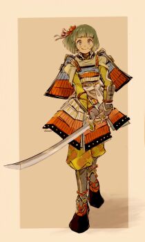 1girl alternate_costume armor black_footwear black_gloves blunt_bangs blush bob_cut border brown_background brown_border brown_eyes closed_mouth commentary dou fingerless_gloves floating_hair flower full_body gloves green_hair green_shirt hair_flower hair_ornament hakama hakama_pants highres holding holding_sword holding_weapon idolmaster idolmaster_cinderella_girls imay3927 japanese_armor japanese_clothes katana kote kusazuri looking_at_viewer niwa_hitomi outside_border pants pants_tucked_in puffy_pants red_flower samurai shirt short_hair shoulder_armor simple_background smile sode solo suneate sword two-handed walking weapon
