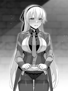 1girl black_hairband breasts clothes_lift disgust eiyuu_densetsu elie_macdowell green_eyes grey_hair hair_between_eyes hairband hajimari_no_kiseki highres long_hair mizuno_asami monochrome nervous_sweating panties panty_peek simple_background skirt skirt_lift sweat underwear white_hair zero_no_kiseki