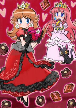 2girls black_cat black_gloves black_shoes blue_eyes box brown_hair cat chocolate commentary crown dress earrings flower_earrings gloves heart heart-shaped_box highres jewelry mario_(series) multiple_girls nintendo pink_dress pink_hair princess_daisy princess_shokora rakugaki_shitagari-ya red_dress shoes symbol-only_commentary wario_land wario_land_4 yellow_eyes