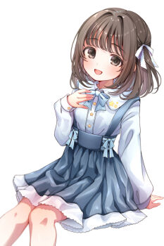 1girl :d arm_support blue_bow blue_bowtie blue_skirt bow bow_skirt bowtie brown_eyes brown_hair collared_shirt commentary_request commission dress_shirt frilled_skirt frills hair_ribbon hand_on_own_chest invisible_chair long_sleeves looking_at_viewer medium_hair open_mouth original puffy_long_sleeves puffy_sleeves ribbon shirt simple_background sitting skeb_commission skirt smile solo suspender_skirt suspenders white_background white_ribbon white_shirt zero7shi