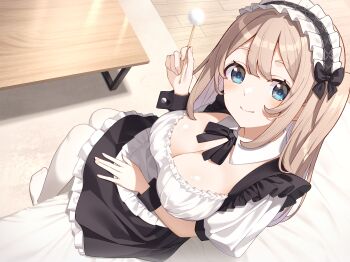 1girl absurdres apron black_dress blue_eyes blush breasts brown_hair cleavage closed_mouth couch detached_collar dress from_above hair_between_eyes highres huyunora indoors large_breasts long_hair looking_at_viewer maid maid_apron maid_headdress mimikaki original pantyhose rug short_sleeves sidelocks sitting smile solo table white_pantyhose wooden_floor wrist_cuffs