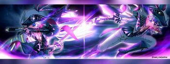 Rule 34 | 1boy, asymmetrical dual wielding, black boots, blue hair, blue shirt, boots, brant (wuthering waves), commentary, cutlass, dual wielding, glowing, gun, hat, hat feather, highres, holding, holding gun, holding sword, holding weapon, male focus, multiple views, open clothes, open shirt, pants, parted lips, purple eyes, sae naiyatsu, shirt, short hair, smile, sword, tacet mark (wuthering waves), toned, toned male, tricorne, twitter username, weapon, white pants, wuthering waves