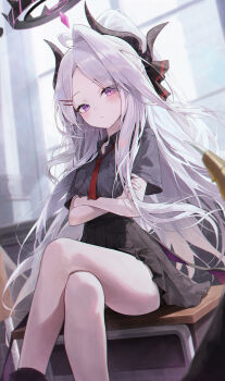 1girl absurdres ahoge black_shirt black_skirt blue_archive blush closed_mouth commentary crossed_arms crossed_legs demon_girl demon_horns desk feet_out_of_frame gehenna_student_(blue_archive) hair_ornament hairclip halo highres hina_(blue_archive) horns indoors long_hair looking_at_viewer meoyo multiple_horns necktie on_desk parted_bangs pleated_skirt purple_eyes red_necktie school_desk shirt short_sleeves sitting skirt solo very_long_hair white_hair window