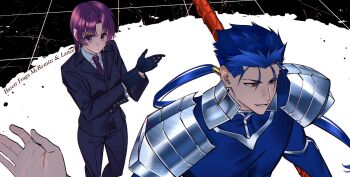 1boy 1girl adjusting_clothes adjusting_gloves arm_up armor black_pants black_suit blue_bodysuit blue_hair bodysuit character_name cowboy_shot cu_chulainn_(fate) cu_chulainn_(fate/stay_night) cu_chulainn_(lancer)_(fate) curtained_hair earrings english_text expressionless fate/hollow_ataraxia fate_(series) formal_clothes gae_bolg_(fate) gloves hair_tubes hashtag-only_commentary highres holding holding_polearm holding_weapon jewelry lapels long_hair long_sleeves looking_ahead looking_at_viewer medium_hair mole mole_under_eye necktie notched_lapels pants parted_lips pauldrons polearm ponytail purple_eyes purple_hair purple_necktie shoulder_armor slit_pupils smile suit upper_body weapon wing_collar y111111n