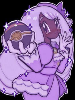 1girl ascot dark-skinned_female dark_skin dress fascinator frilled_ascot frills gloves hands_up highres holding holding_poke_ball jacinthe_(pokemon) juliet_sleeves kiddo_salty long_hair long_sleeves looking_at_viewer low_drills luxury_ball nintendo outline outstretched_hand poke_ball pokemon pokemon_legends:_z-a puffy_sleeves purple_dress purple_eyes purple_gloves purple_hair smile solo sparkle very_dark_skin white_outline