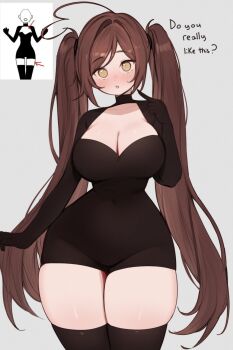 Rule 34 | ahoge, black thighhighs, blush, breasts, brown eyes, brown hair, cleavage, cleavage cutout, clothing cutout, commentary, covered navel, english commentary, heart, heart ahoge, highres, huge ahoge, indie virtual youtuber, large breasts, long hair, pointing, pointing at self, reference inset, simple background, skin tight, skindentation, sky above me, sky above me (vtuber), thighhighs, twintails, virtual youtuber, white background