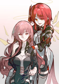 2girls arknights black_dress black_gloves black_jacket black_shorts breasts closed_mouth detached_wings dress energy_wings exusiai_(arknights) exusiai_the_new_covenant_(arknights) fingerless_gloves gloves halo highres jacket lemuen_(arknights) long_hair medium_breasts multiple_girls naoel_(naoel_art) one_side_up open_mouth orange_eyes pink_eyes pink_hair red_hair short_hair shorts siblings sisters sitting smile thighhighs very_long_hair wheelchair white_dress wings yellow_eyes