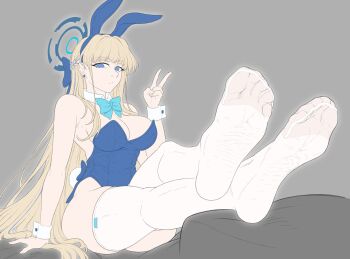 1girl blonde_hair blue_archive blue_eyes feet highres ishtar_n long_hair looking_at_viewer playboy_bunny see-through_clothes see-through_legwear soles thighhighs toes toki_(blue_archive) toki_(bunny)_(blue_archive) v white_thighhighs