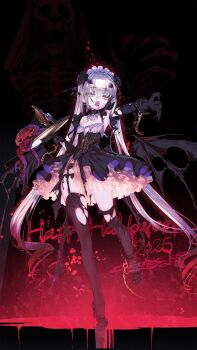 1girl bare_shoulders black_dress black_gloves black_thighhighs breasts choco_(chocolate_shop) dress fate/grand_order fate_(series) forked_eyebrows full_body gloves highres long_hair looking_at_viewer maid_headdress melusine_(fate) open_mouth sidelocks small_breasts solo thighhighs tray white_hair wings yellow_eyes