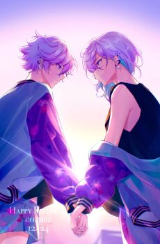 2boys bare_shoulders black_tank_top closed_mouth cozmez_(paradox_live) earrings highres jacket jewelry long_sleeves looking_at_another medium_hair multiple_boys ning_myst7 paradox_live short_hair shorts siblings single_earring tank_top yatonokami_kanata yatonokami_nayuta