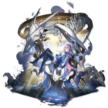 1girl absurdres arknights ascot belt_boots blue_boots blue_hat blue_shirt blue_shorts book boots bored fish fish_skeleton flying_fish giant_skeleton gloves hand_on_own_stomach hat high_heel_boots high_heels highres holding holding_book ink jellyfish_girl lamp long_hair looking_down lucilla_(arknights) lucilla_(tidal_bore)_(arknights) official_alternate_costume official_art on_tree picture_frame pink_hair purple_eyes see-through_clothes see-through_sleeves shirt shokuen_(oxstl) shorts simple_background sitting solo studded_footwear thigh_boots thighhighs third-party_source transparent_background very_long_hair white_ascot white_gloves zettai_ryouiki