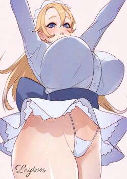1girl blonde_hair blue_eyes blue_sash bouncing_breasts breasts button_dress commentary_request cowboy_shot curvy dress frilled_dress frills highres huge_breasts leyton long_hair long_sleeves maid maid_headdress original panties pantyshot parted_lips sash solo string_panties thick_thighs thighs underwear white_dress white_panties