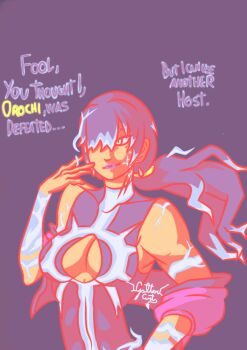 1girl black_hair breasts cleavage_cutout clothing_cutout dark-skinned_female dark_skin dress earrings electricity english_text female_focus galter_art glowing huge_breasts jacket jewelry large_breasts long_hair orochi orochi_(kof) orochi_shermie ponytail purple_hair shermie_(kof) smile smiley_face tan the_king_of_fighters thunder twintails undressing yellow_eyes