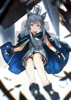 1girl absurdres animal_ears ankle_boots arknights black_boots black_gloves blue_cape blurry boots cape chromatic_aberration clothes_writing commentary dress fingerless_gloves gloves grey_dress grey_eyes grey_hair highres hood hood_down hooded_cape infection_monitor_(arknights) long_hair looking_at_viewer parted_lips rosmontis_(arknights) short_dress solo sudadachi thigh_strap yellow_eyes