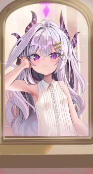 1girl absurdres adjusting_hair ahoge alternate_hairstyle armpits blue_archive blurry blush breasts collared_shirt demon_girl demon_horns depth_of_field ento_(user_jjce7387) hair_between_eyes hair_ornament hair_ribbon hairclip halo happy highres hina_(blue_archive) horns indoors long_hair looking_at_viewer mirror official_alternate_costume presenting_armpit purple_eyes purple_halo reflection ribbon shirt sidelocks sleeveless sleeveless_shirt slit_pupils small_breasts solo standing upper_body wavy_hair white_hair white_shirt