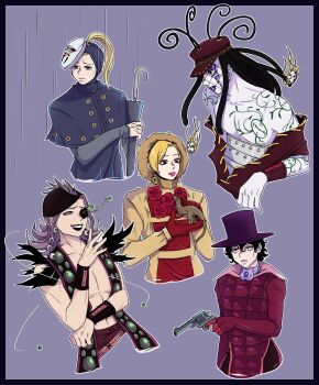 5boys androgynous ascot black_hair black_lips blackmore blonde_hair blue_lips brown_hat bug capelet catch_the_rainbow chest_tattoo coat colored_skin commentary_request dinosaur doctor_ferdinand earrings facepaint feathers flower flower_ornament fly fur-trimmed_hood fur_trim gloves grey_capelet grey_hair grey_umbrella gun hat high_ponytail highres holding holding_gun holding_umbrella holding_weapon hood hood_up insect jewelry jojo_no_kimyou_na_bouken kokain_(heroin_jjba) korean_commentary long_hair magenta_magenta makeup mask mask_on_head mrs._robinson multiple_boys off_shoulder oyecomova pink_lips ponytail purple_ascot rain rainbow_print red_coat red_flower red_gloves red_hat red_rose rose short_hair stand_(jojo) steel_ball_run tattoo top_hat umbrella weapon white_mask white_skin