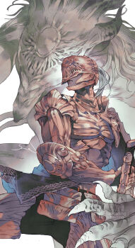 1boy absurdres alternate_form armor blind claws commentary_request covered_eyes dark_skin elden_ring elden_ring_nightreign executor_(elden_ring) from_below grey_hair helmet helmet_over_eyes highres holding holding_sword holding_weapon horns iaidou katana lips long_hair looking_at_another multiple_forms orange_armor snout sword transformation weapon white_background white_fur wolf yue_(memento1113)