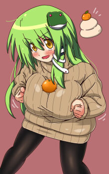 1girl between_breasts black_pantyhose blush breasts commentary_request food food_on_body food_on_breasts frog frog_hair_ornament fruit green_hair hair_ornament hair_tubes honehone kochiya_sanae large_breasts long_hair mandarin_orange new_year object_on_breast open_mouth oppai_mochi orange_(fruit) panties pantyhose ribbed_panties ribbed_sleeves ribbed_sweater single_hair_tube smile snake snake_hair_ornament solo sweater touhou underwear yellow_eyes