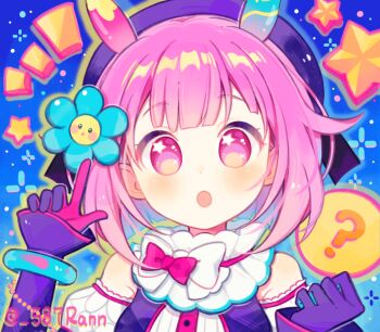 1girl :o ? animal_ears asymmetrical_gloves bare_shoulders blue_background blue_flower blue_gloves blue_outline blush bow bowtie buttons center-flap_bangs clenched_hand clothing_cutout cohana commentary elbow_gloves flower frilled_shirt frilled_sleeves frills gloves hair_behind_ear hair_flaps hair_flower hair_ornament hands_up hat hat_bow index_finger_raised mismatched_gloves multicolored_eyes multicolored_gloves no_pupils official_alternate_costume ootori_emu open_mouth outline perspective_for_smile_(project_sekai) pink_bow pink_bowtie pink_eyes pink_gloves pink_hair pink_trim portrait project_sekai puffy_short_sleeves puffy_sleeves purple_bow purple_gloves purple_hat purple_shirt rabbit_ears shirt short_hair short_sleeves shoulder_cutout simple_background solo sparkle_background star_(symbol) star_in_eye star_symbol_background symbol-only_commentary symbol_in_eye tareme twitter_username two-tone_eyes two-tone_gloves white_bow white_bowtie yellow_eyes yellow_outline