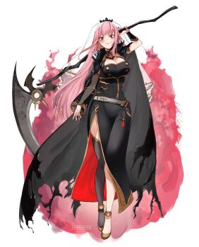 1girl ameiarts artist_name belt black_cape black_dress black_nails black_thighhighs blush breasts cape cleavage cloak crown detached_sleeves dress fire highres holding holding_scythe hololive hololive_english large_breasts long_hair mori_calliope nail_polish pink_eyes pink_hair sandals scythe side_slit simple_background single_detached_sleeve single_thighhigh smile solo spiked_cape thighhighs torn_clothes torn_dress veil very_long_hair virtual_youtuber white_background white_belt