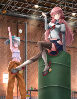 10s 2girls :q akashi_(kancolle) arm_up barrel bow brick_wall brown_eyes cargo_hook ceiling_light clock clothing_cutout drum_(container) ductwork fairy_(kancolle) green_bow green_eyes hair_bow hair_ribbon high_heels hip_vent irohakaede jumpsuit kantai_collection long_hair looking_at_viewer multiple_girls navel on_barrel outstretched_leg pink_hair ponytail rafters red_ribbon ribbon rudder_footwear silver_hair sitting smudge sretching table tank_top thighhighs tied_overalls tongue tongue_out tress_ribbon v-shaped_eyebrows very_long_hair warehouse wrench yuubari_(anime)_(kancolle) yuubari_(kancolle) zettai_ryouiki