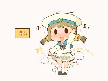 Rule 34 | 0 0, 1girl, black eyes, black ribbon, black shoes, blue panties, blue sailor collar, blush, bow, brown hair, chibi, clothes lift, embarrassed, error musume, female focus, flat chest, full body, girl holding a cat (kancolle), grey background, hair bow, hanomido, hat, highres, japanese text, kantai collection, lifting own clothes, long sleeves, miniskirt, neck ribbon, nose blush, open mouth, panties, pee, peeing, peeing self, pleated skirt, ribbon, sailor collar, school uniform, serafuku, shirt, shoes, simple background, skirt, skirt lift, smile, socks, solo, standing, steam, sweat, translation request, trembling, twintails, underwear, wet, wet clothes, white socks, yellow bow, yellow hat, yellow shirt, yellow skirt