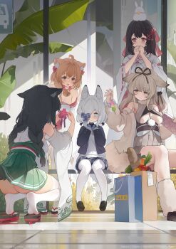 5girls absurdres animal animal_ears animal_on_head armpit_crease ass ayase_(azur_lane) azur_lane bag baguette bare_shoulders bell black_hair black_shoes blue_bow blue_eyes bow bread breasts brown_eyes brown_hair carrot chinese_commentary cleavage commentary_request dango food food-themed_ornament fox_ears fox_girl geta green_skirt grey_hair hair_bow handbag highres holding holding_bag jingle_bell kasumi_(at_school_with_foo)_(azur_lane) kasumi_(azur_lane) kasumi_1118 michishio_(azur_lane) minase_(azur_lane) multiple_girls neck_bell official_alternate_costume on_head ooshio_(azur_lane) plant red_eyes sanshoku_dango shoes shopping_bag sitting skirt sleeves_past_fingers sleeves_past_wrists tabi thighhighs underboob wagashi white_thighhighs