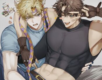 1girl 2boys abs anger_vein arm_around_shoulder battle_tendency belt black_shirt blonde_hair blue_gloves blue_pants blue_shirt blush_stickers brown_belt brown_gloves brown_hair caesar_anthonio_zeppeli facial_mark fingerless_gloves gloves green_eyes grey_background hairband highres jojo_no_kimyou_na_bouken joseph_joestar joseph_joestar_(young) large_pectorals madengx male_focus midriff multiple_boys muscular muscular_male navel one_eye_closed open_mouth pants pectorals shirt short_sleeves suzi_q teeth triangle triangle_facial_mark yaoi