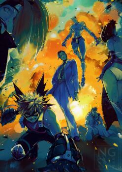 Rule 34 | 1girl, 4boys, artist name, ass, bald, black gloves, boku no hero academia, bomb devil (chainsaw man), chainsaw man, character request, clenched teeth, commentary, debris, diamond wa kudakenai, dress, elbow gloves, english commentary, explosion, eye mask, forehead protector, formal clothes, gloves, headband, hunter x hunter, jojo no kimyou na bouken, killer queen, kira yoshikage, kitsunewara, looking at viewer, male focus, mask, miniskirt, multiple boys, muscular, muscular male, naruto (series), necktie, on one knee, panties, pants, reze (chainsaw man), short hair, skirt, smoke, spiked hair, squatting, stand (jojo), standing, suit, teeth, tongue, tongue out, underwear, white panties