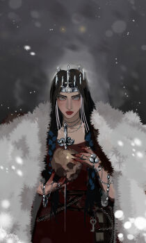 1girl a_song_of_ice_and_fire arya_stark black_hair coat commentary crown dagger dress english_commentary fingernails fur_coat game_of_thrones grey_eyes highres jewelry key knife lips lipstick long_fingernails long_hair makeup necklace red_dress red_lips red_nails skull snow tonyloom weapon