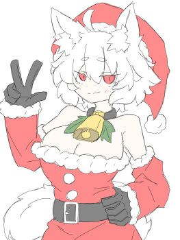 1girl ahoge animal_ear_fluff animal_ears bare_shoulders bell black_gloves blush breasts cleavage closed_mouth commentary_request fang fumomono gloves hand_on_own_hip hat highres inubashiri_momiji large_breasts looking_at_viewer neck_bell off_shoulder red_eyes red_hat santa_costume santa_hat short_eyebrows simple_background skin_fang solo tail touhou v white_background wolf_ears wolf_girl wolf_tail