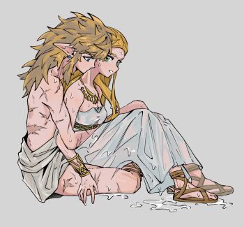 Rule 34 | 1boy, 1girl, blonde hair, blue eyes, breasts, cleavage, commentary request, couple, dress, earrings, gladiator sandals, gold necklace, green eyes, grey background, guzhi annai, hetero, highres, hug, hug from behind, jewelry, kiss, kissing neck, link, long dress, long hair, medium breasts, multiple scars, necklace, nintendo, parted bangs, parted lips, pointy ears, princess zelda, robe, sandals, scar, scar on back, scar on leg, scar on shoulder, scars all over, sidelocks, sitting, sitting on lap, sitting on person, strapless, strapless dress, the legend of zelda, the legend of zelda: breath of the wild, the legend of zelda: tears of the kingdom, too many, topless male, wet, wet clothes, white dress, white robe