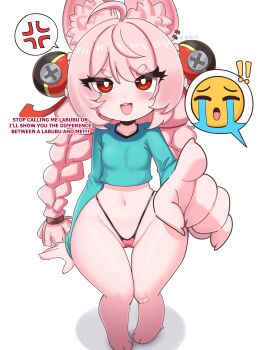 1girl absurdres animal_ears animal_hands bandaid bandaid_on_leg blush braid cameltoe crying_emoji emoji female_focus furry furry_female hair_ornament highres jeffcb kyojiri_loli loli long_hair looking_at_viewer meme navel pink_hair rabbit_ears rabbit_girl red_eyes shirt smile solo standing stomach thighs thong twin_braids underwear uohhhhhhhhh!_(meme) white_background zenless_zone_zero zhao_(zenless_zone_zero)