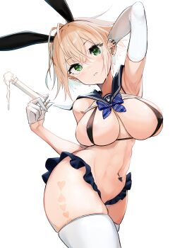 1girl :< absurdres animal_ears arm_behind_head arm_up armpits asymmetrical_gloves bare_shoulders bikini black_bikini blonde_hair blue_bow blue_bowtie blue_sailor_collar blue_skirt blurry blush bow bowtie breasts closed_mouth commentary_request covered_erect_nipples cowboy_shot crossed_bangs diagonal-striped_bow diagonal-striped_bowtie diagonal-striped_clothes ear_piercing earrings elbow_gloves fake_animal_ears glint gloves green_eyes hair_between_eyes half_gloves hand_up heart highres holding holding_syringe jewelry large_breasts linea_alba looking_at_viewer mappaninatta micro_bikini navel navel_piercing original piercing rabbit_ears sailor_collar short_hair sidelocks simple_background skindentation skirt sleeveless solo stomach striped_bow striped_bowtie striped_clothes swimsuit syringe thighhighs uneven_gloves white_background white_gloves white_thighhighs