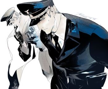 2boys artist_name axis_powers_hetalia belt blue_eyes blush buttons closed_mouth collared_shirt cowboy_shot dated floating_clothes germany_(hetalia) gloves greyscale hair_between_eyes hand_up hat highres jacket jefferage lapels leather leather_gloves leather_jacket long_sleeves looking_at_another looking_down male_focus medal military military_hat military_jacket military_uniform monochrome multiple_boys nazi necktie pants peaked_cap pocket purple_eyes reichsadler russia_(hetalia) scarf shirt short_hair simple_background soviet_army standing sweatdrop teeth upper_body