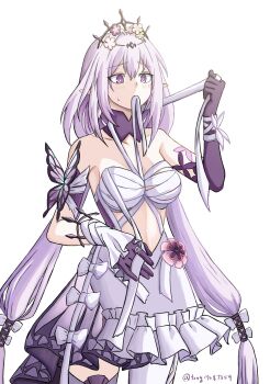 1girl bandages black_tiara blush castorice_(honkai:_star_rail) chest_sarashi commentary_request cowboy_shot dress gloves highres honkai:_star_rail honkai_(series) long_hair mouth_hold pointy_ears purple_eyes purple_gloves purple_hair sarashi simple_background solo standing stomach tiara tong_(tong17687359) very_long_hair white_background white_dress