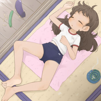 1girl ahoge arm_up barefoot blue_buruma blush brown_hair buruma closed_eyes cucumber eggplant feet gym_uniform highres indoors legs legs_apart loli long_hair lying messy_hair on_back open_mouth original panties panties_under_buruma shirt short_sleeves sleeping soles solo tatami thighs toes towel underwear white_panties white_shirt zangetsumaru