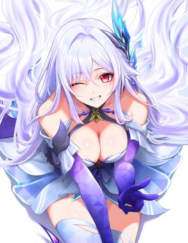 1girl absurdres bare_shoulders breasts collarbone commentary_request dress from_above genshin_impact grin hair_ornament highres large_breasts long_hair looking_at_viewer looking_up pink_eyes prosthesis prosthetic_arm prosthetic_leg royboy sitting skirk_(genshin_impact) smile solo v white_dress white_hair