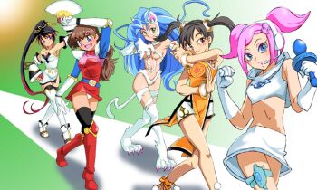 5girls animal_ears animal_hands arms_up bandai_namco bare_legs bare_shoulders belt big_hair black_hair blue_eyes blue_hair blush body_control boots bracelet breasts brown_eyes brown_hair capcom cat_ears cat_girl cat_paws cat_tail china_dress chinese_clothes claws cleavage closed_mouth commentary crossover dancing darkstalkers dress excited fang felicia_(darkstalkers) fingerless_gloves folding_fan gloves green_eyes hand_fan hand_on_own_hip happy headset high_heel_boots high_heels holding holding_fan holding_microphone imitating jewelry kanda_momo letter_print ling_xiaoyu long_hair long_sleeves looking_at_viewer looking_to_the_side microphone midriff mixed-language_commentary monolith_soft multicolored_hair multiple_crossover multiple_girls nanbu_kaguya navel onnaski open_mouth orange_dress pink_hair ponytail pose_imitation project_x_zone red_footwear red_hair revealing_clothes sega short_hair smile space_channel_5 super_robot_wars super_robot_wars_og_saga_mugen_no_frontier tail tekken tekken_3 thighhighs thighs tiptoes twintails ulala underwear white_footwear white_gloves wonder_momo
