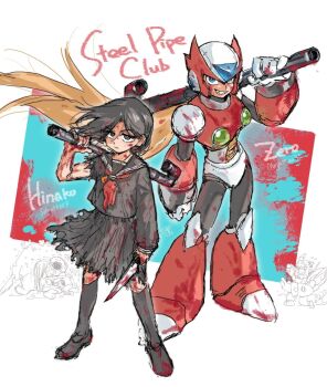 1boy 1girl armor black_eyes black_hair black_shirt black_skirt blonde_hair character_request chest_jewel copyright_request forehead_jewel full_body helmet highres holding holding_knife holding_lead_pipe knife lead_pipe long_hair mega_man_(series) mega_man_x_(series) red_armor red_helmet shimizu_hinako shirt sigma_(mega_man) silent_hill_(series) silent_hill_f skirt smirk torn_clothes torn_shirt torn_skirt youitei07133 zero_(mega_man)