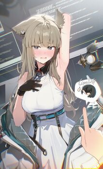 2girls absurdres animal_ears arknights arknights:_endfield arm_behind_head arm_up armpits bird_ears bird_girl black_gloves blunt_bangs blush breasts brown_hair commentary dress embarrassed endministrator_(arknights) female_endministrator_(arknights) female_pov gloves highres jacket large_breasts long_hair looking_at_viewer multicolored_gloves multiple_girls muo_(muojjang_0929) open_mouth perlica_(arknights) pov presenting_armpit purple_eyes sleeveless sleeveless_dress spoken_character sweat two-tone_gloves white_dress white_jacket yellow_gloves