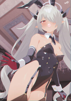 1girl absurdres animal_ears bare_shoulders black_leotard blue_archive blush breasts commentary_request dark-skinned_female dark_skin detached_collar elbow_gloves fake_animal_ears garter_straps gloves grey_hair hair_over_one_eye hair_ribbon halo highleg highleg_leotard highres iori_(blue_archive) kurozawa_yui leotard long_hair looking_at_viewer necktie open_mouth playboy_bunny pointy_ears rabbit_ears red_eyes ribbon small_breasts solo twintails very_long_hair wrist_cuffs