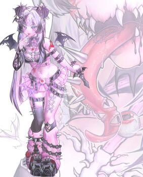 1girl asymmetrical_sleeves barbed_tongue bare_shoulders bat_wings black_boots black_bra black_nails black_streaks black_thighhighs boots bra breasts commentary different_zoom_layer disembodied_eye double_bun ear_piercing english_commentary full_body hair_bun hair_sprinkles hand_up heart_hair_bun highres indie_virtual_youtuber killaira long_hair long_tongue looking_at_viewer loose_socks medium_breasts midriff mismatched_sleeves multicolored_hair nail_polish navel navel_piercing open_mouth piercing pink_skirt pink_socks pointy_ears purple_eyes purple_hair second-party_source sharp_teeth single_thighhigh skeletal_tail skirt socks spiked_boots spikes sprinkle_hershy sprinkles streaked_hair swept_bangs tail teeth thighhighs tongue tongue_out torn_clothes torn_sleeves torn_wings underwear virtual_youtuber white_background wings