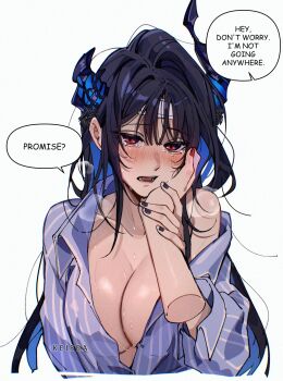 2girls absurdres asymmetrical_horns black_hair black_nails blue_hair blue_shirt blush breasts cleavage collared_shirt colored_inner_hair commentary cropped_torso disembodied_hand elizabeth_rose_bloodflame english_commentary english_text flower guided_hand_on_cheek highres hololive hololive_english horn_flower horns keisea large_breasts long_hair mole mole_under_eye multicolored_hair multiple_girls nail_polish nerissa_ravencroft open_mouth pajamas partially_unbuttoned purple_eyes red_nails shirt sidelocks simple_background single_off_shoulder slit_pupils speech_bubble striped_clothes striped_shirt uneven_horns very_long_hair virtual_youtuber white_background yuri