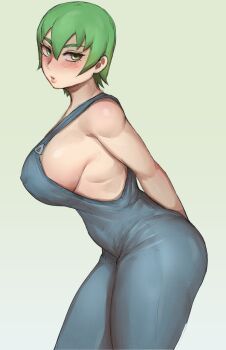 1girl absurdres arms_behind_back blue_overalls blush breasts covered_erect_nipples cowboy_shot foo_fighters_(jojo) gradient_background green_eyes green_hair grey_background hair_between_eyes highres jojo_no_kimyou_na_bouken large_breasts looking_at_viewer ohthicc othicc overalls short_hair sideboob solo stone_ocean