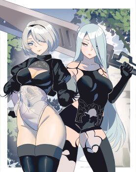 2b_(nier:automata) 2girls a2_(nier:automata) absurdres android black_hairband blue_eyes border breasts cleavage cleavage_cutout closed_mouth clothing_cutout collarbone contrapposto eyelashes groin hairband hand_on_own_hip hashtag-only_commentary highres holding holding_sword holding_weapon idarasen large_breasts leotard long_hair multiple_girls nier:automata nier_(series) outdoors outside_border short_hair smile standing sword very_long_hair weapon white_border white_hair
